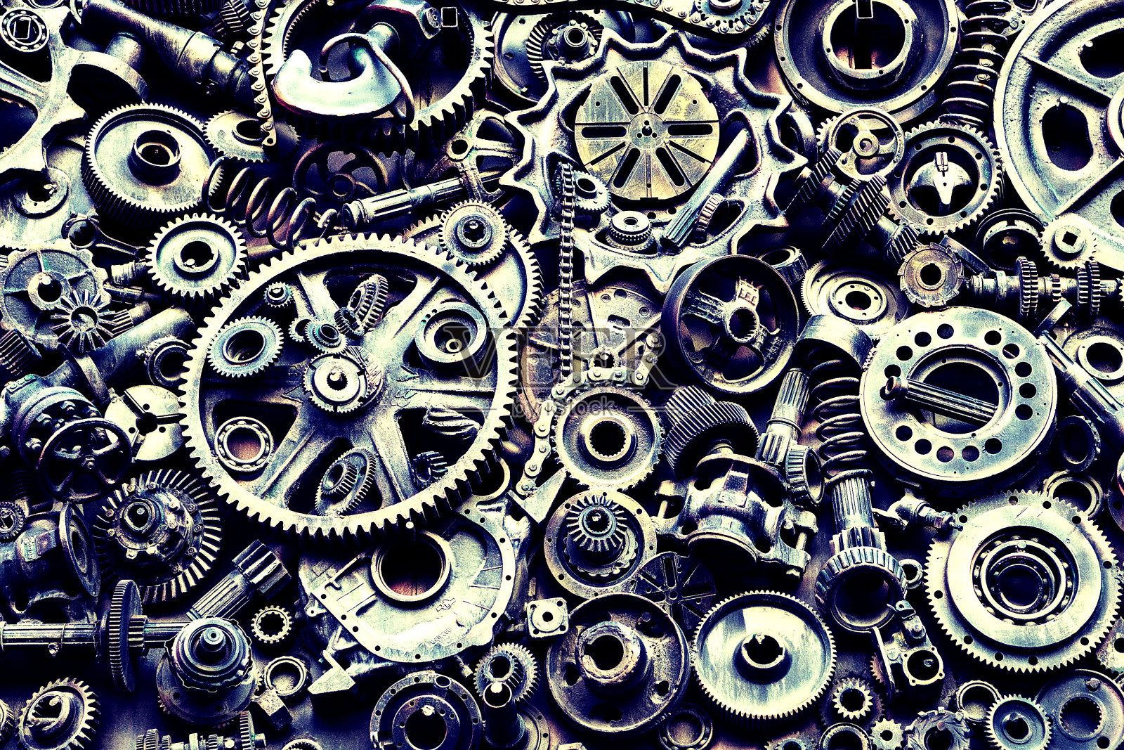 蒸汽朋克的纹理,背景与机械零件,齿轮,蒸汽朋克齿轮,堆汽车零件,旧生锈的铁链,弹簧,车轮,接近照片摄影