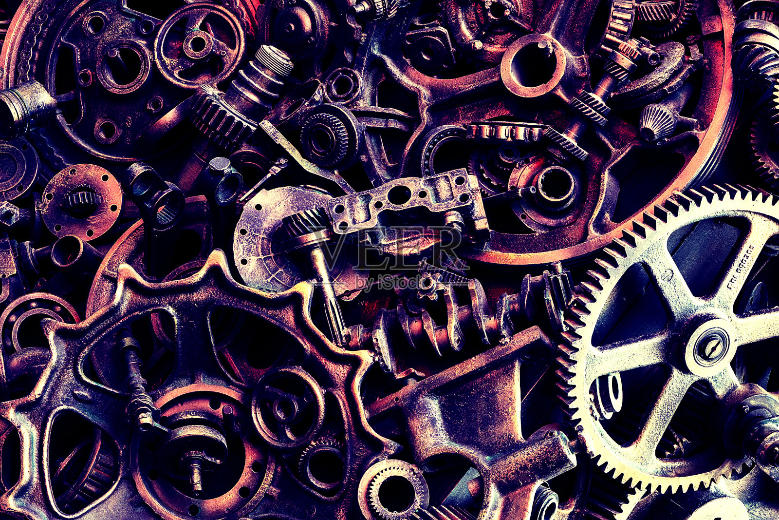 蒸汽朋克的纹理,背景与机械零件,齿轮,蒸汽朋克齿轮,堆汽车零件,旧生锈的铁链,弹簧,车轮,接近照片摄影