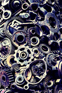 机械零件齿轮、蒸汽朋克齿轮、车轮、汽车零件堆、旧生锈的铁链、弹簧、车轮关闭